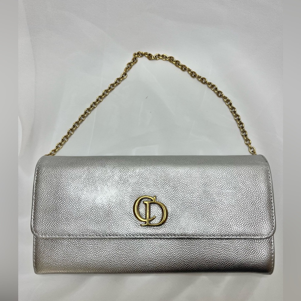 Dior Wallet on Chain Metallic Silver Pebbled Leather Diorama